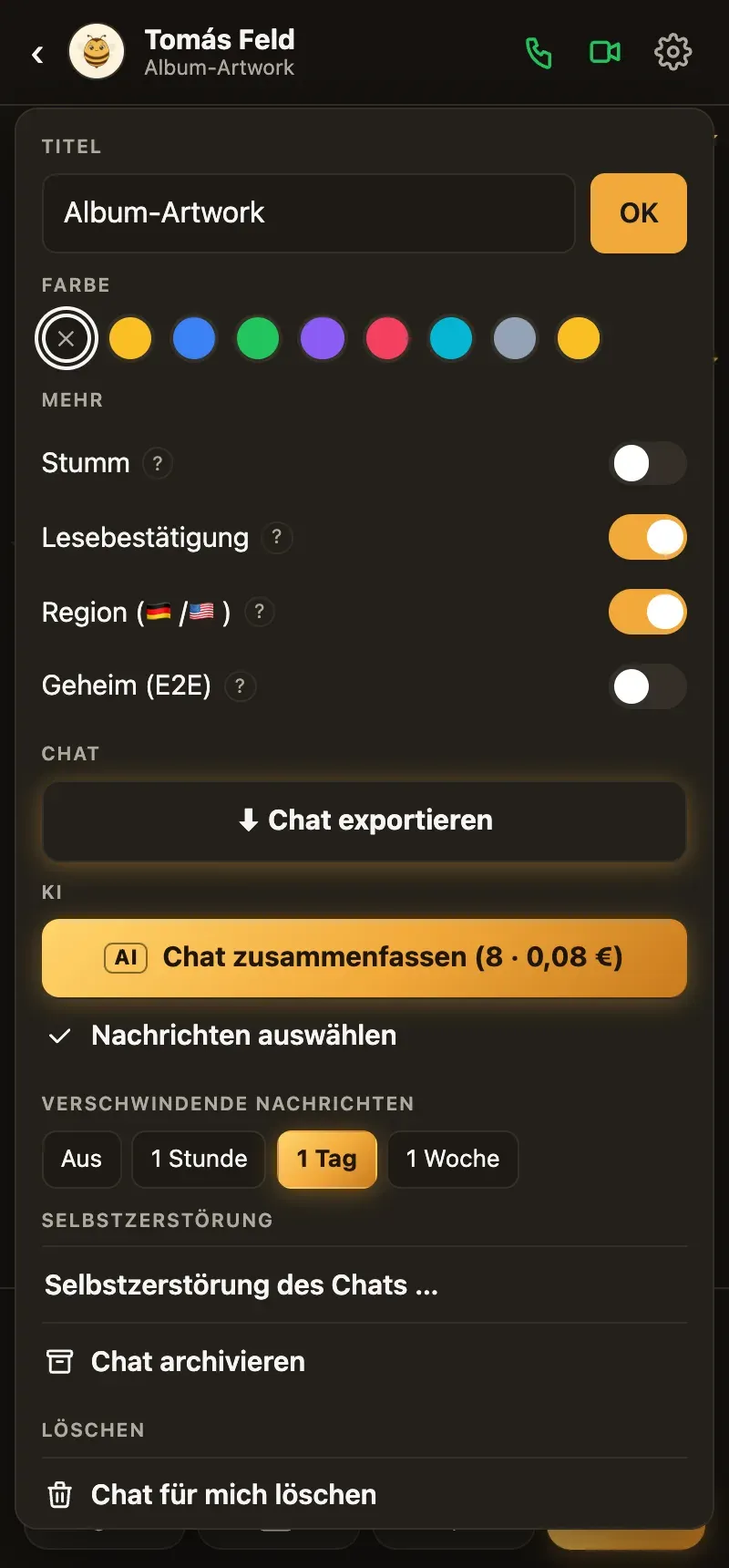 Die Einstellungen eines Chats: Titel, Farbe, Stumm, Lesebestätigung, Region mit Deutschland-/USA-Umschalter, Geheim (E2E), Chat exportieren, KI-Zusammenfassung, verschwindende Nachrichten, Selbstzerstörung, Archivieren, Löschen.
