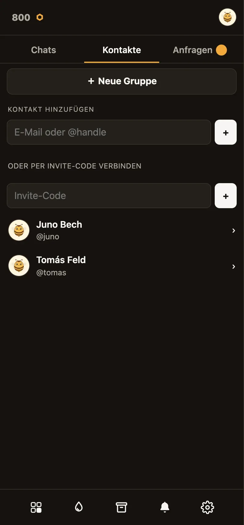 Die Kontakte-Ansicht in Hive mit der Suche nach E-Mail oder @handle.