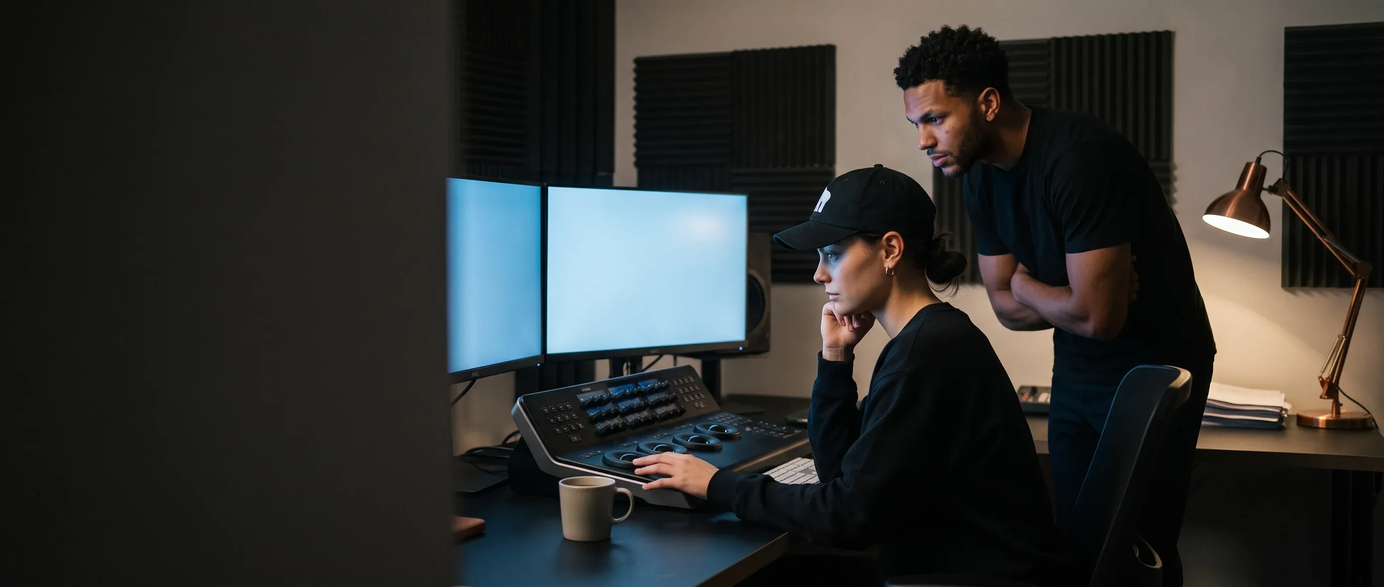 Zwei Personen in einer abgedunkelten Color-Grading-Suite am Bedienpult, die Monitore vom Betrachter weggedreht
