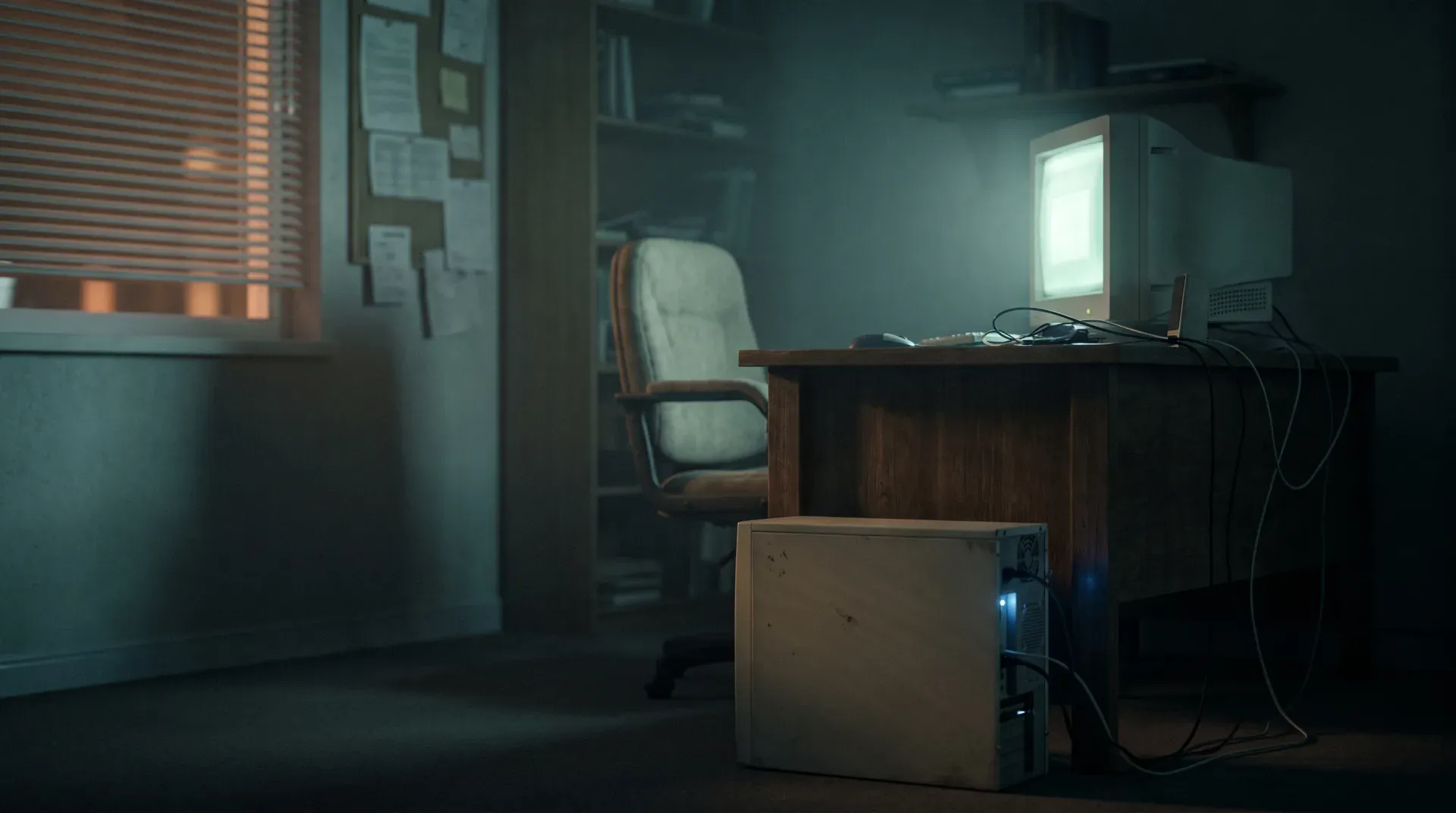Dunkles Arbeitszimmer bei Nacht, 2009: ein beiger Tower-PC mit leuchtender Betriebs-LED unter einem Holzschreibtisch, ein alter Röhrenmonitor mit schwachem Schein, leerer Stuhl — eine Maschine arbeitet allein