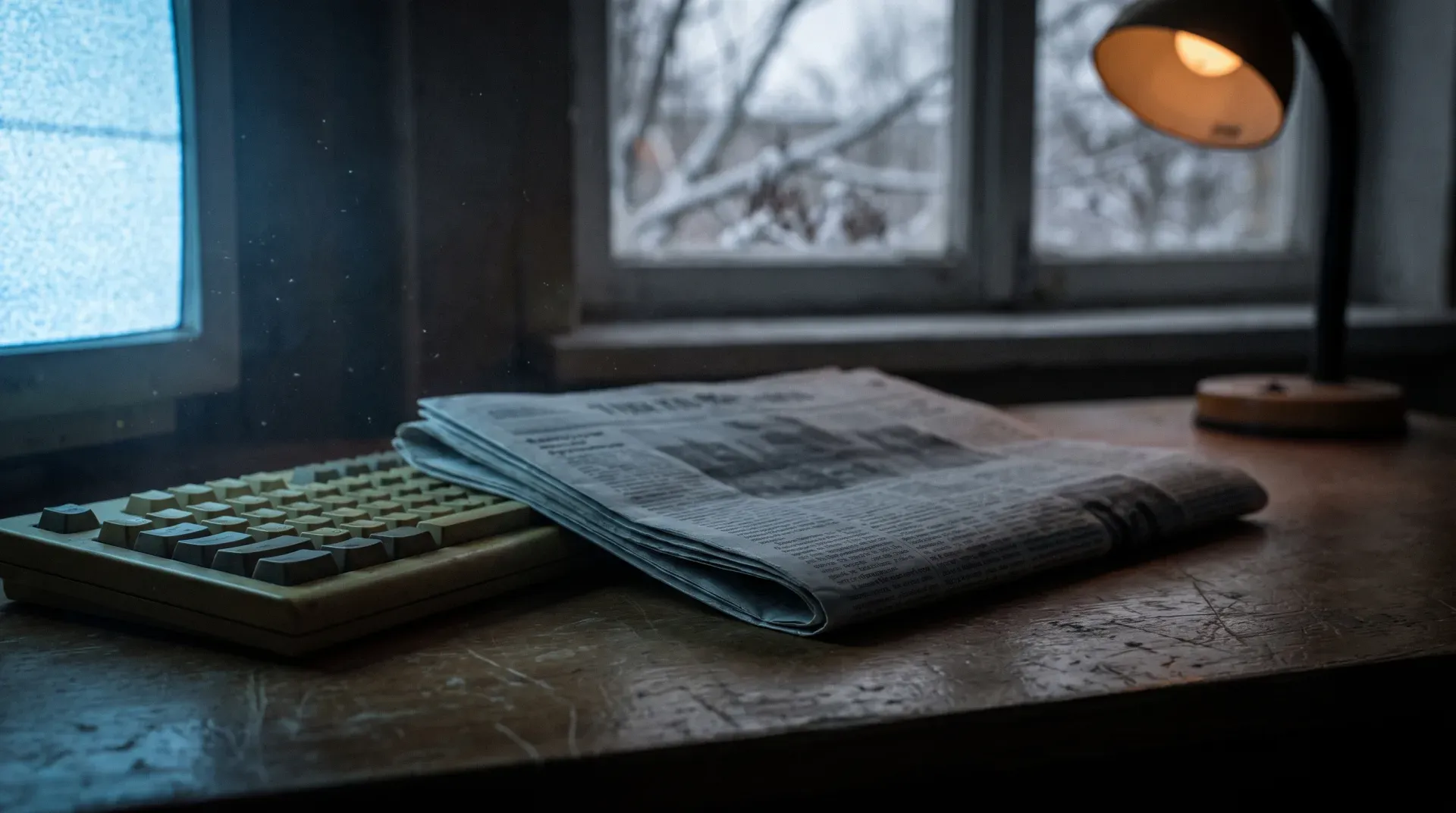 Gefaltete Zeitung neben einer alten beigen Tastatur auf einem Holzschreibtisch, kaltes Monitorlicht und eine warme Schreibtischlampe — Winterstimmung wie am 3. Januar 2009