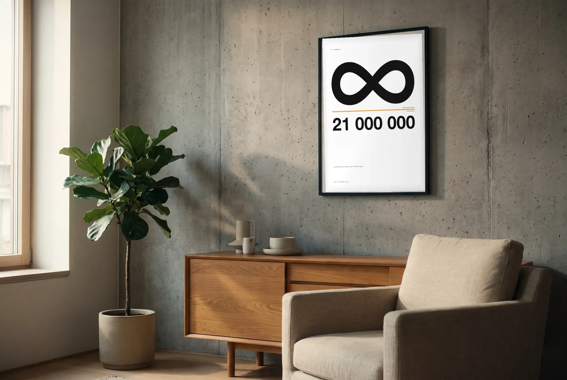 Ein gerahmtes Poster mit einem Unendlichkeitszeichen über der Zahl 21 000 000 hängt an einer Betonwand über einer Holzkommode, daneben eine Zimmerpflanze