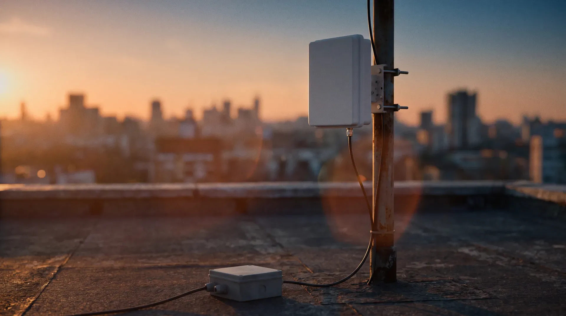 Eine kleine Antenne auf einem Hausdach in der Abenddämmerung, dahinter die Lichter einer Stadt bis zum Horizont