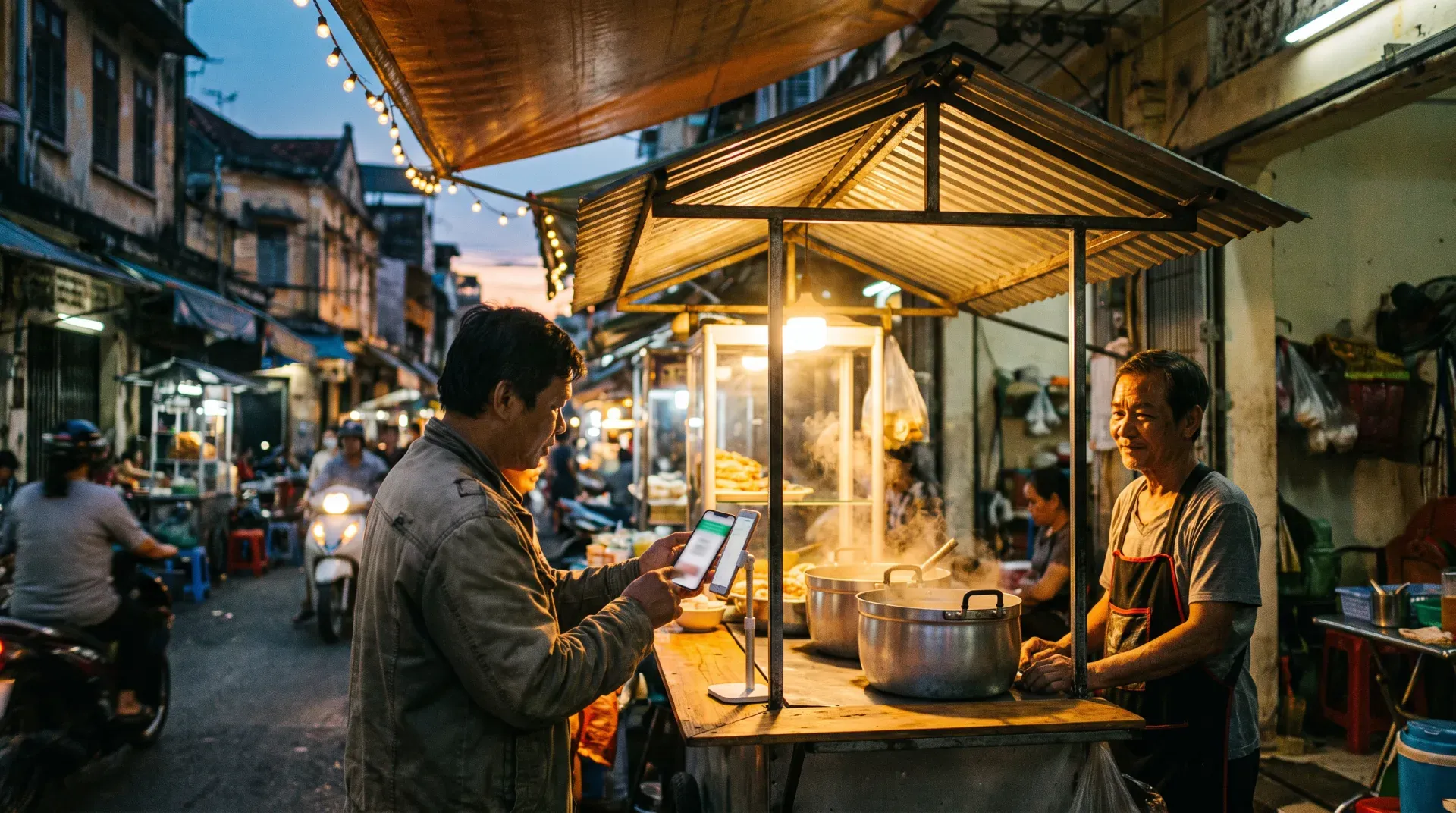 Eine Person bezahlt an einem abendlichen Streetfood-Stand mit dem Smartphone, warmes Licht, die Bildschirme unleserlich