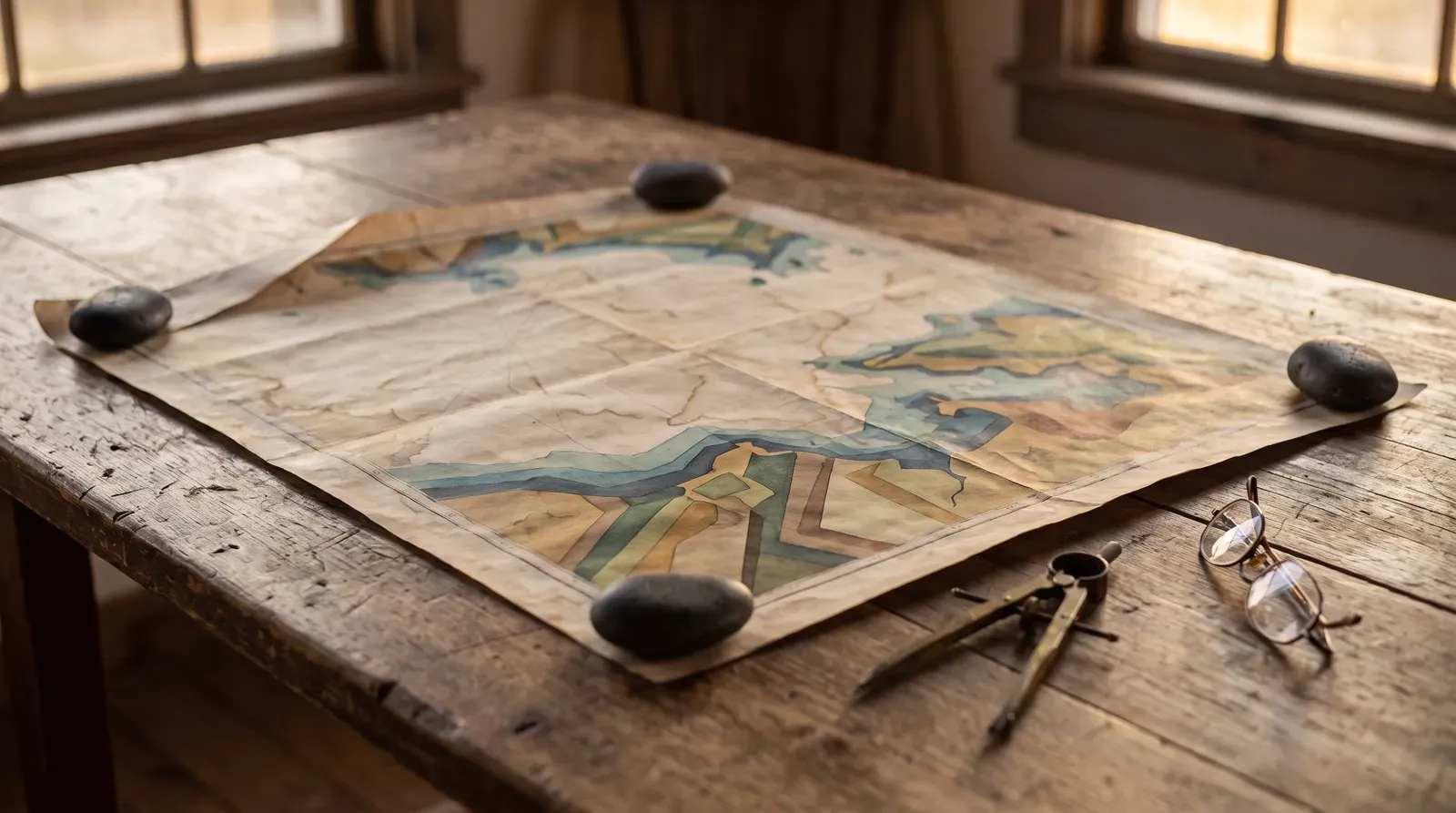 Eine alte, an den Ecken beschwerte Karte auf einem Holztisch, daneben Zirkel und Lesebrille
