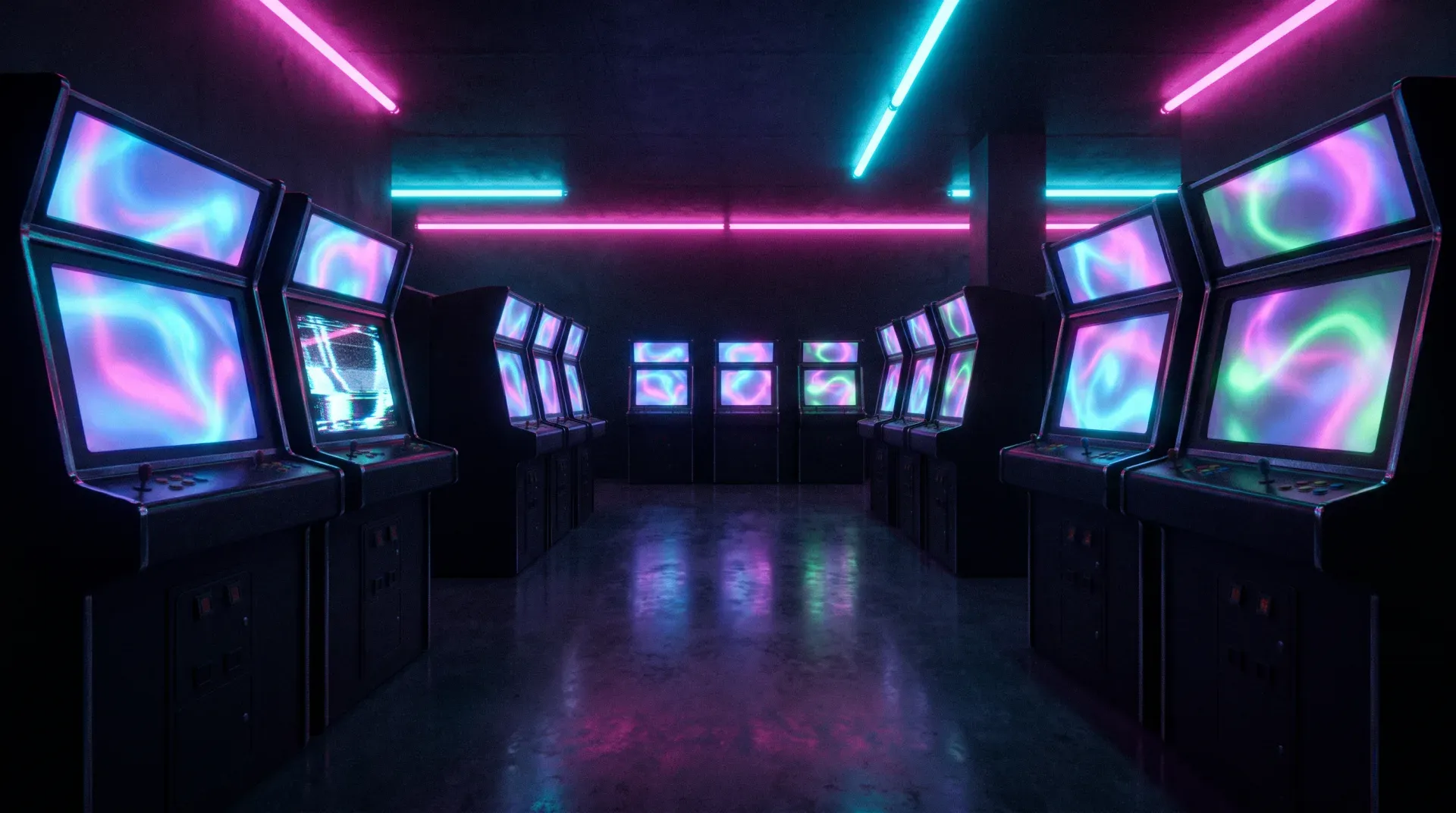 Leerer Spielhallen-Korridor bei Nacht: Reihen leuchtender Automaten mit bunten, abstrakten Bildschirmen, pinke und türkise Neonreflexe auf dunklem Boden — die verführerische Leere eines Casinos um vier Uhr morgens