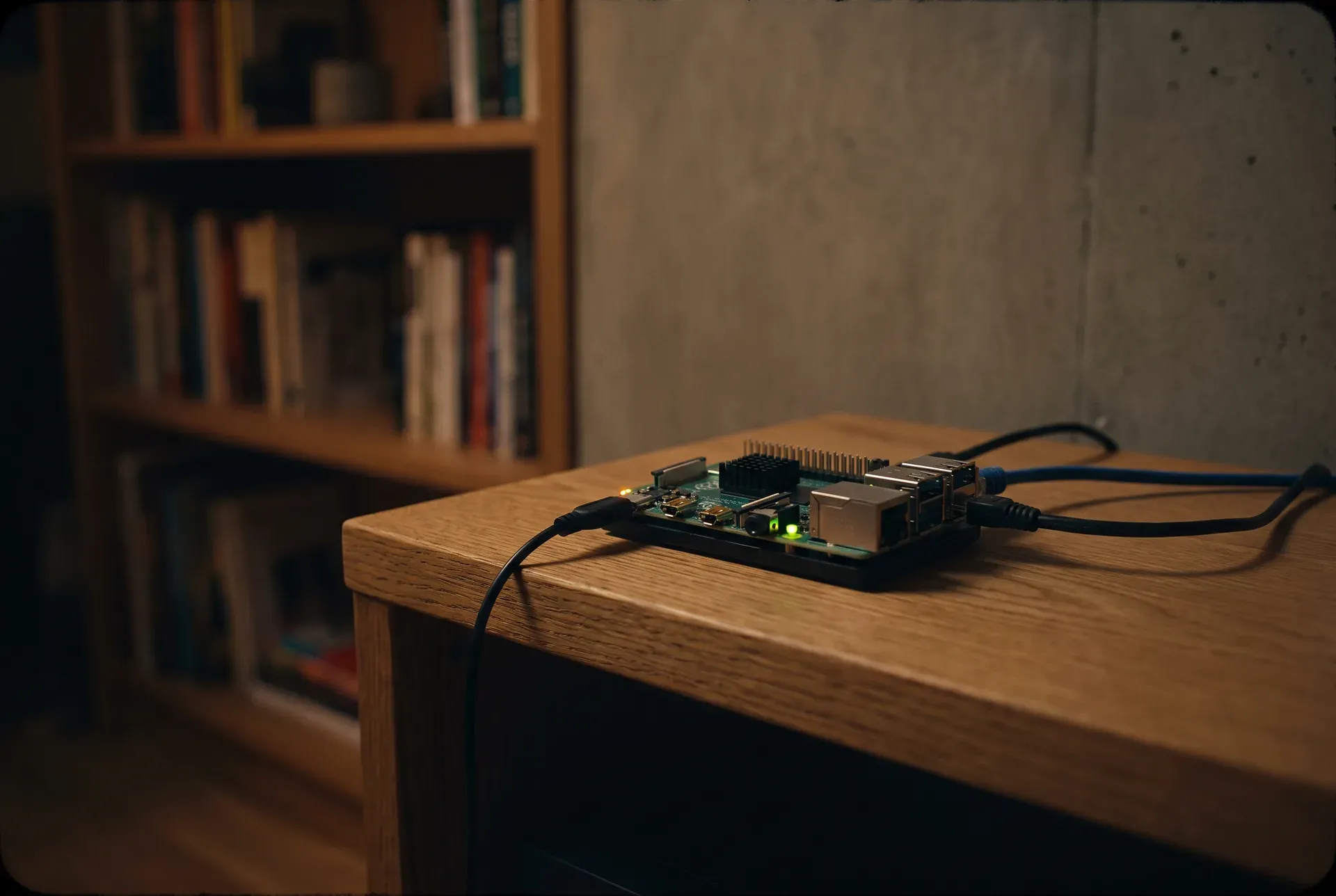 Eine kleine Node im Bücherregal, Status-LEDs und ein eingestecktes Netzwerkkabel, warmes Licht — eine Maschine, die zuhause still ihre Arbeit tut