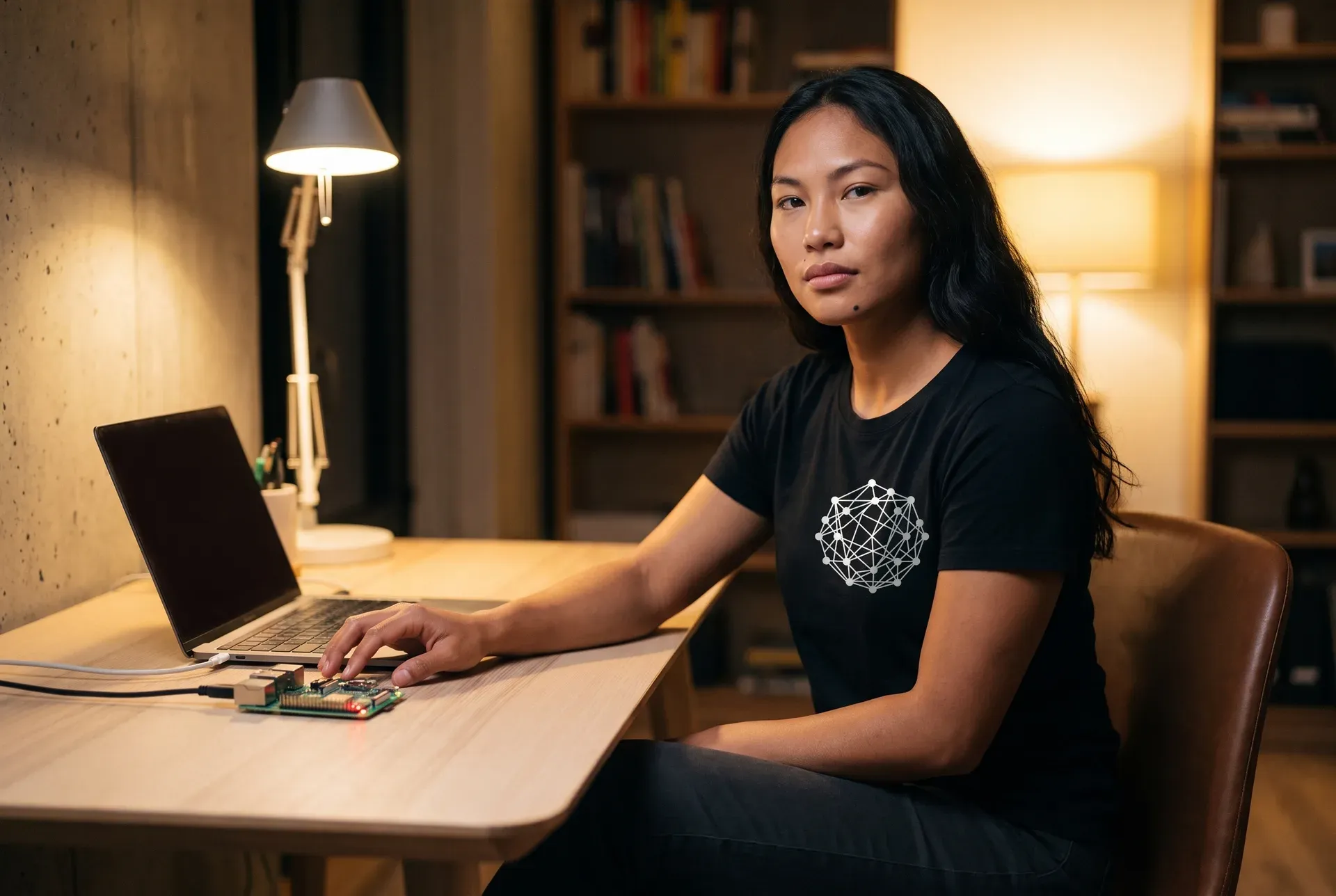 Eine Frau im dunklen Node-Network-Tee an einem Schreibtisch mit einem kleinen Node-Rechner und Status-LEDs — konzentrierte Home-Office-Stimmung
