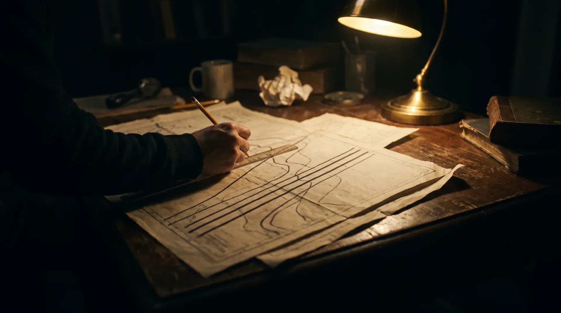 Eine Hand zieht mit Bleistift und Lineal Linien über ausgedruckte Kurscharts auf einem dunklen Schreibtisch im Lampenlicht